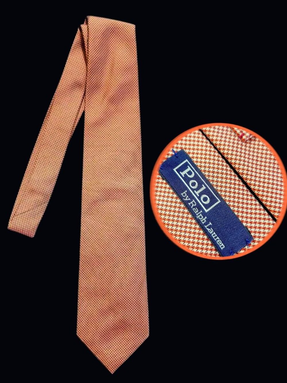 Polo Ralph Lauren Silk Necktie Orange Micro Hound's-tooth Handmade in Italy